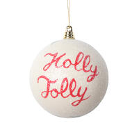 Ball Ornament with the words Holly Jolly written on it in cursive