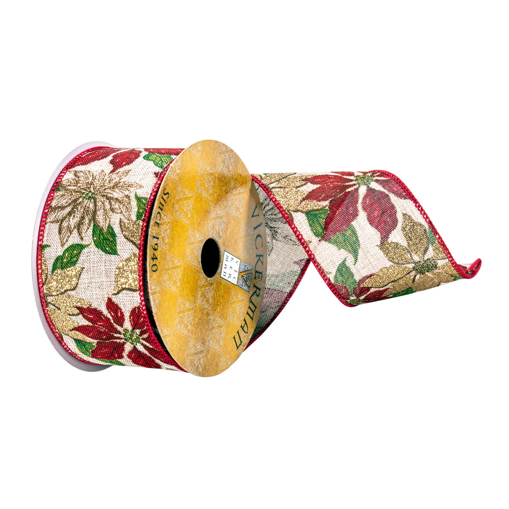 2.5 Rustic Sparkle Poinsettia Christmas Wired Ribbon (10 yards)